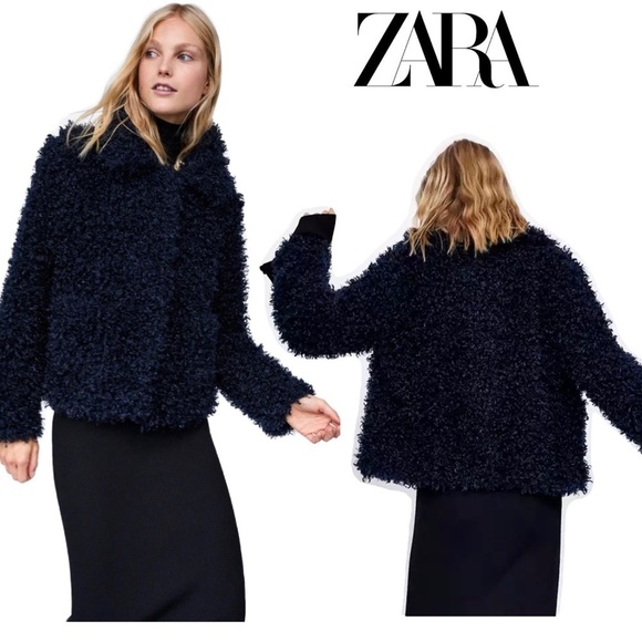 Zara navy blue faux shearling fur teddy jacket coat Sz S - Picture 13 of 13